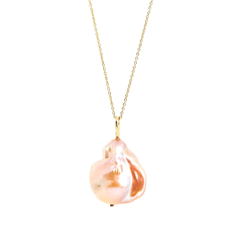 Layered Gold Necklaces-Peach Baroque Pearl Pendant / Necklace, Solid Gold