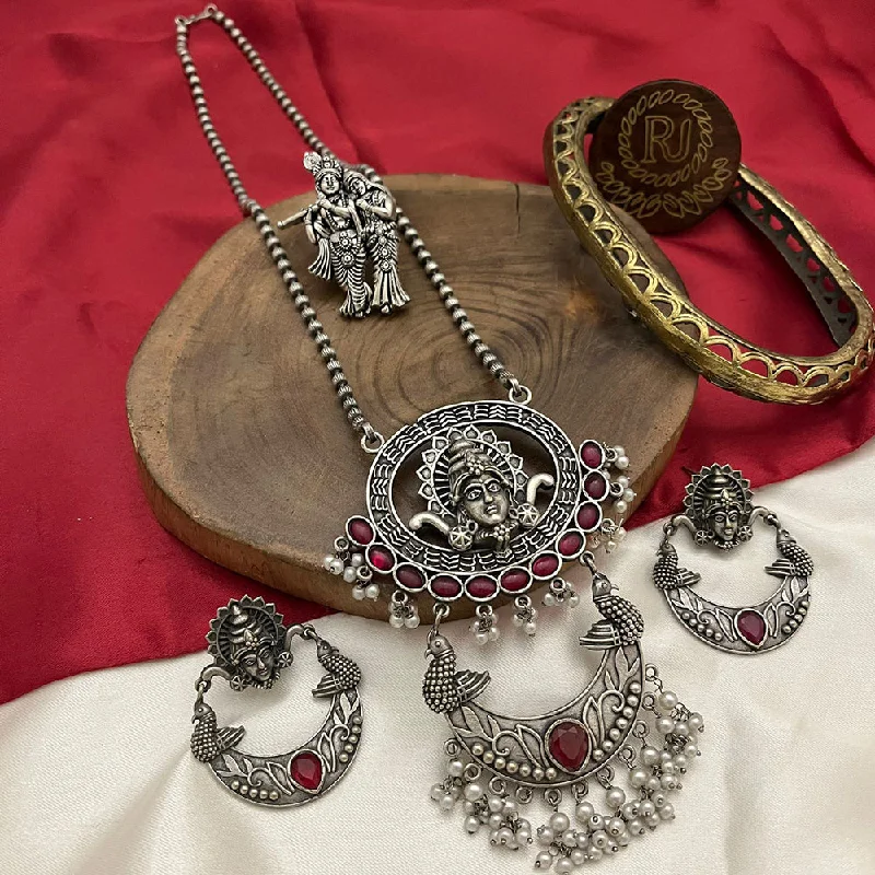 Birthstone Necklaces-FS Collection Oxidised Plated Pota Stone Temple Long Necklace Set