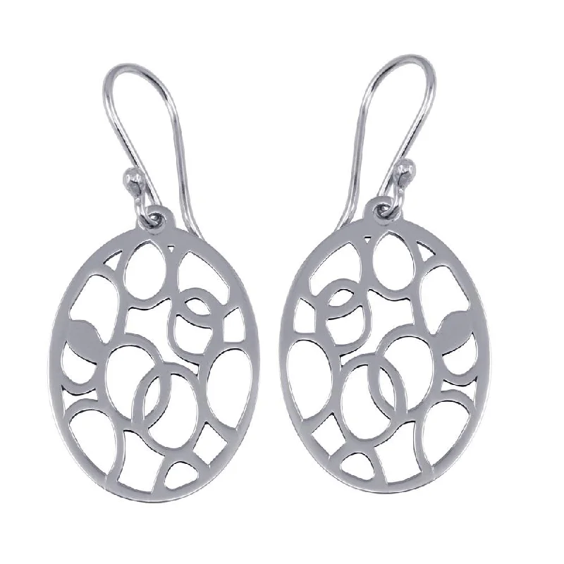 Crystal Drop Earrings-Rhodium Plated 925 Sterling Silver Dangling Flat Oval Earrings with Circle Designs - TRE00009