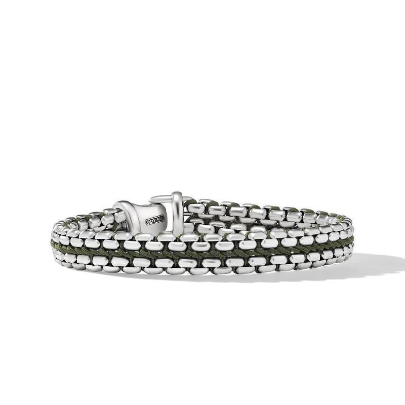 Fashionable Silver Tennis Bracelets-DY Gents Woven Box Chain Bracelet in Sterling Silver with Green Nylon, 10MM