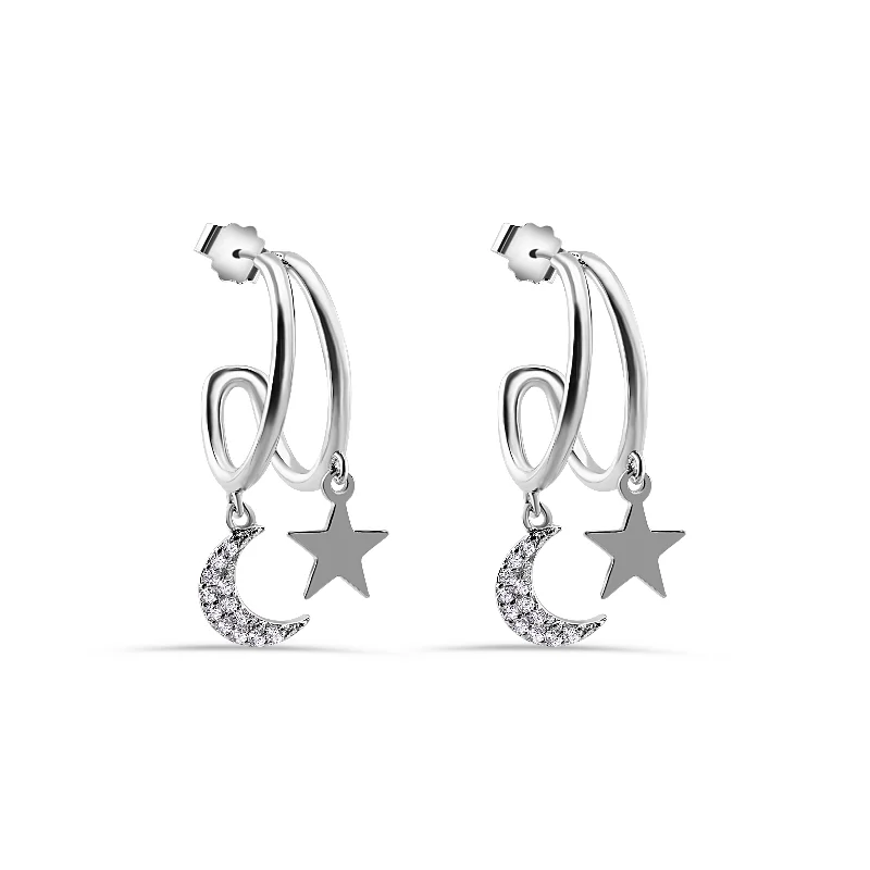 Stunning Gold Earrings-Rhodium Plated 925 Sterling Silver Moon and Star Hoop Earring - STE01383