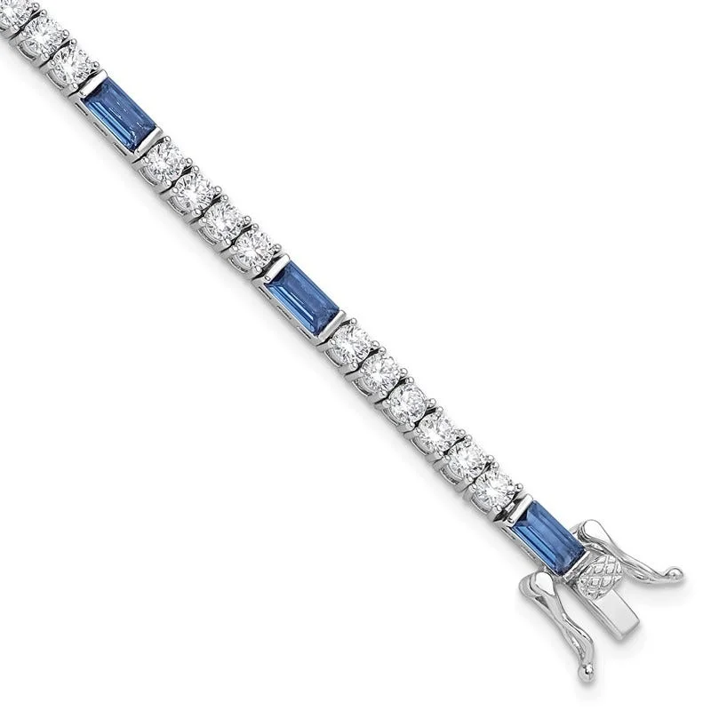 Custom Wedding Bracelets-Sterling Silver Rhodium-plated Blue and White CZ 7.25in Tennis Bracelet