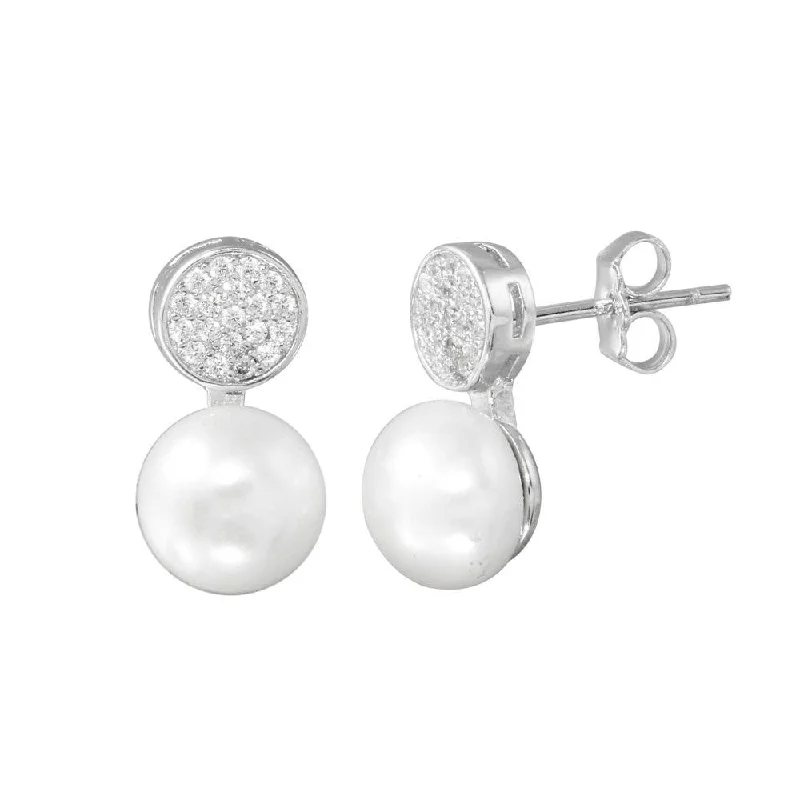 Eye-Catching Earrings-Rhodium Plated 925 Sterling Silver CZ Encrusted Disc Dangling Pearl Earring - BGE00628