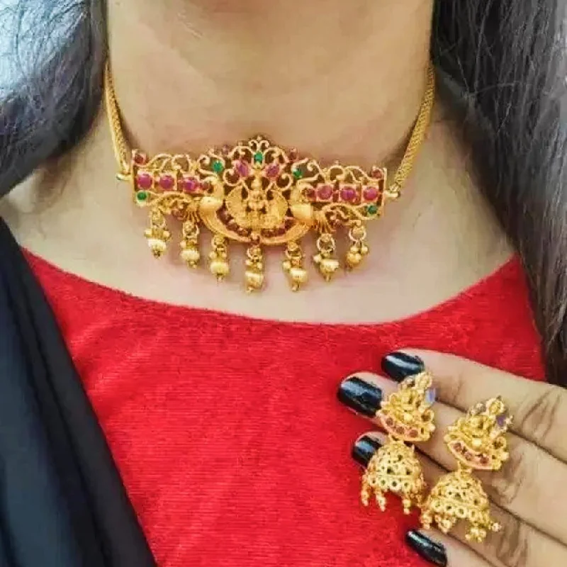 Simple Heart Necklaces-Kavyanjali Jewels Gold Plated Pota Stone Temple Choker Necklace Set