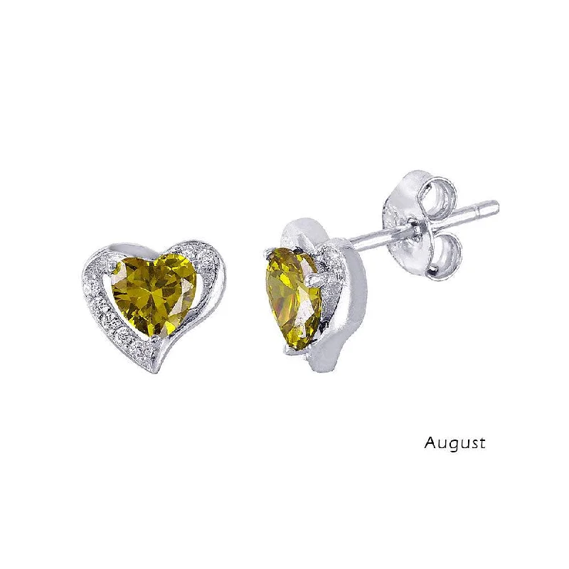 Bold Drop Earrings-Rhodium Plated 925 Sterling Silver Heart with Birthstone Center Stud Earrings August - STE01028-AUG