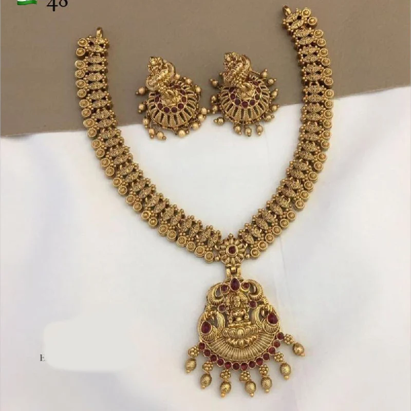 Unique Pendant Necklaces-FS Collections Gold Plated Pota Stone And Temple Necklace Set