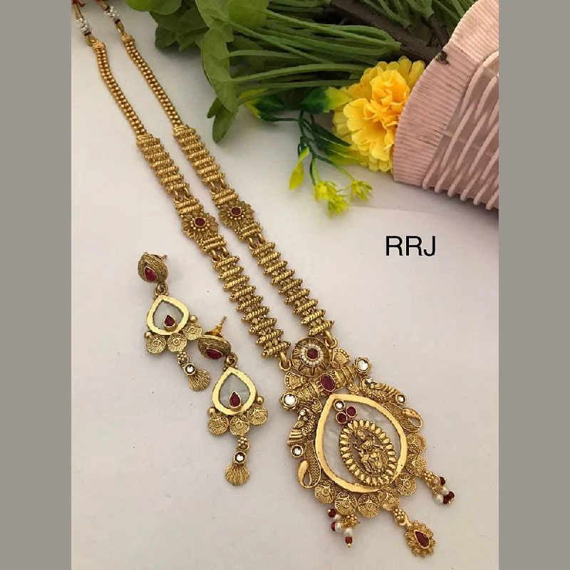 Simple Pendant Necklace for Women-FS Collection Gold Plated Pota Stone Temple Necklace Set