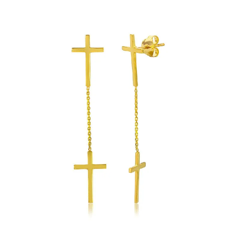 Gemstone Earrings for Weddings-Silver 925 Gold Plated Double Hanging Cross Earrings - DIE00001GP