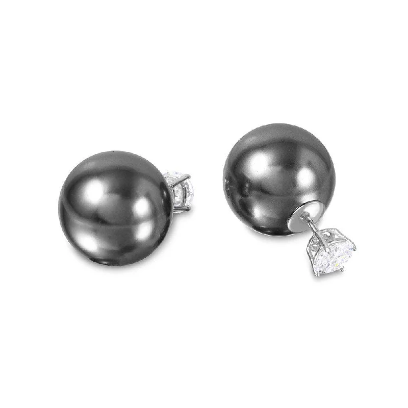 Artistic Pearl Earrings-Silver 925 Rhodium Plated CZ Grey Synthetic Pearls Front and Back Earring - STE00994GRY