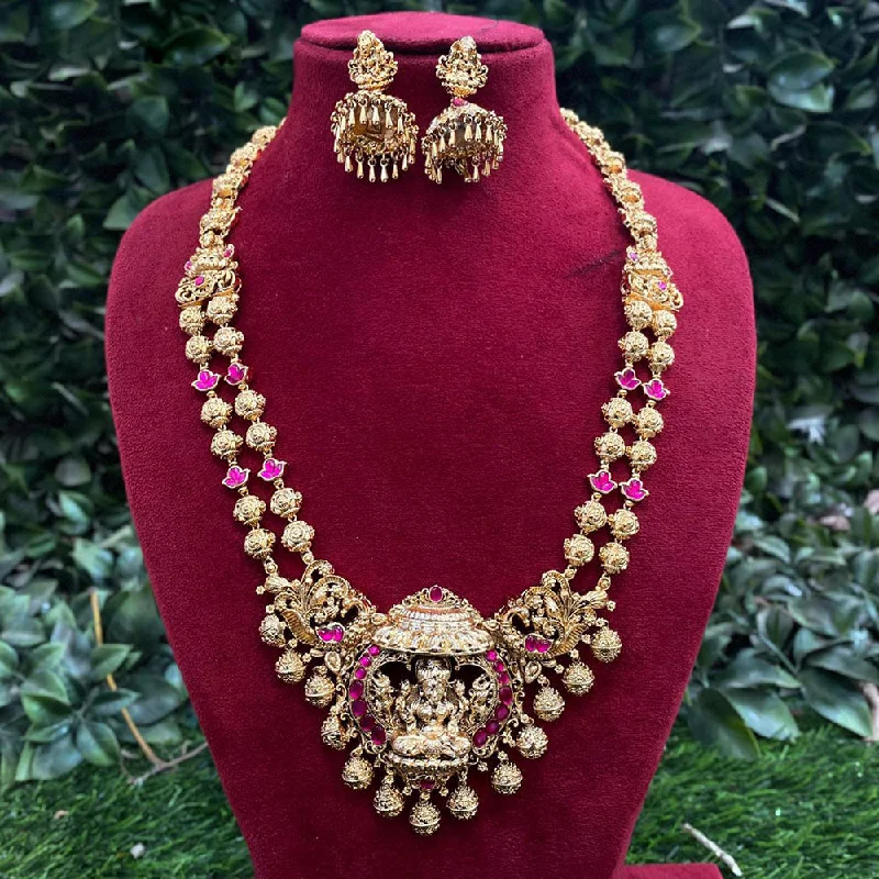 Customizable Gemstone Necklaces-Royal Kundan Jewellery Gold Plated Pota Stone Temple Necklace Set