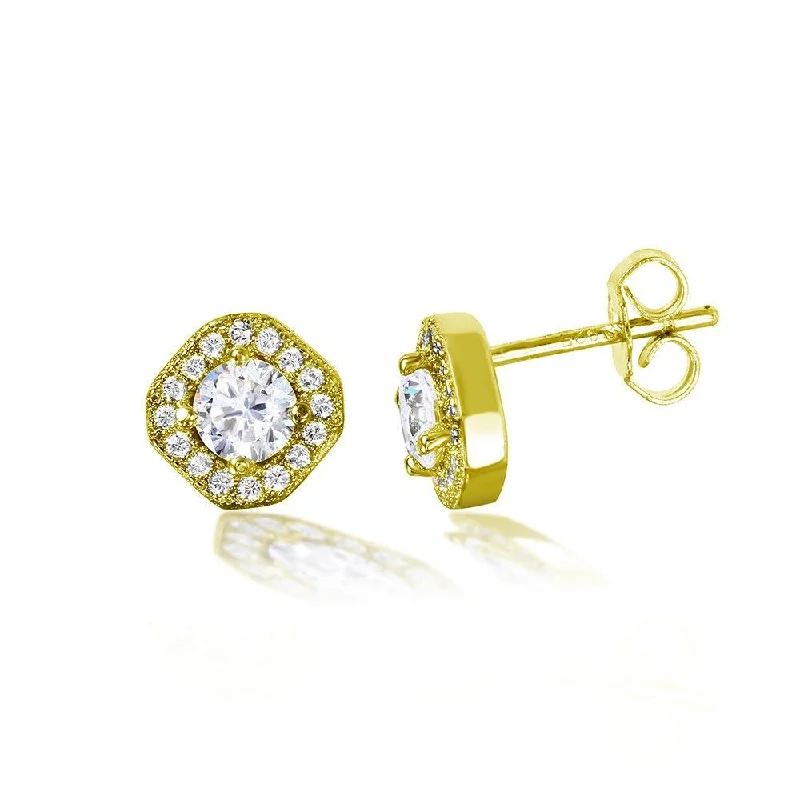 Pearl Stud Earrings-Gold Plated 925 Sterling Silver Round Halo Earrings - STE01040GP