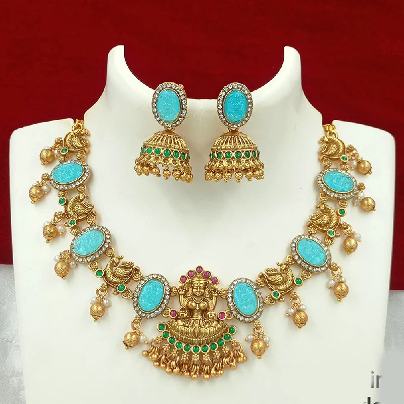 Elegant Dainty Necklaces-Joyful Jewel Art Matte Gold Plated Pota Stone Temple Necklace Set