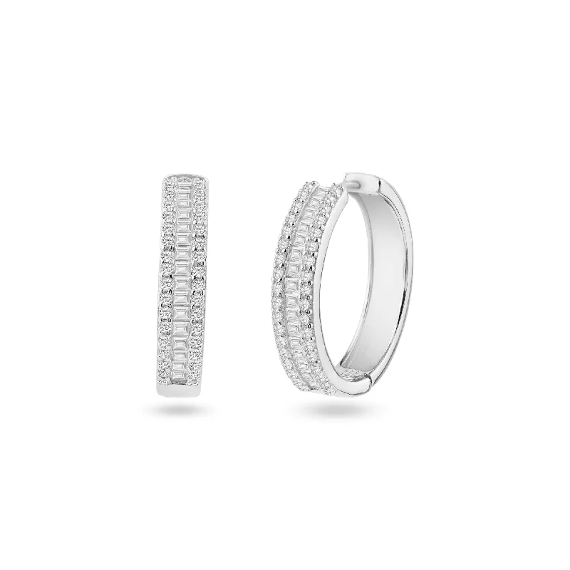 Luxury Silver Earrings-Rhodium Plated 925 Sterling Silver Pave Huggie Hoop Earring 26mm - STE01337