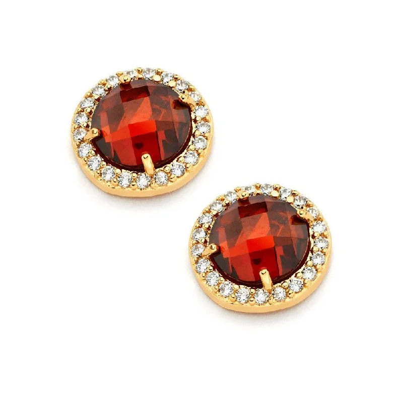 Modern Stud Earrings-Silver 925 Gold Plated Red Center Clear Outline CZ Stud Earrings - BGE00360R