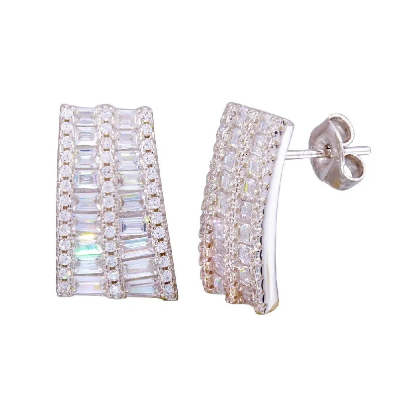 Trendy Drop Earrings-Rhodium Plated 925 Sterling Silver Baguette and CZ Stud Earrings - STE01192