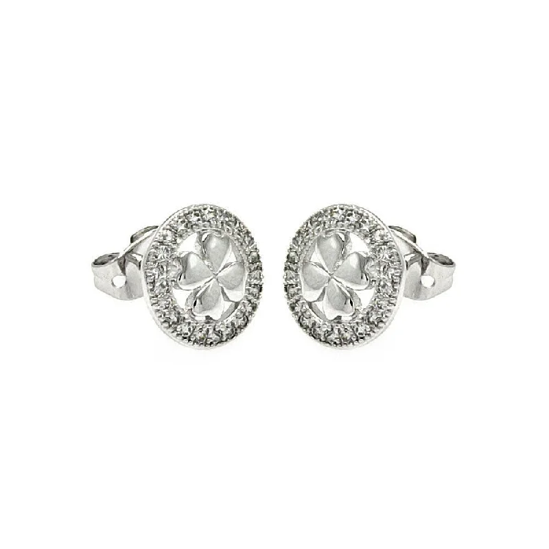 Minimalist Earrings-Silver 925 Rhodium Plated Open Circle Clover CZ Stud Earrings - BGE00252