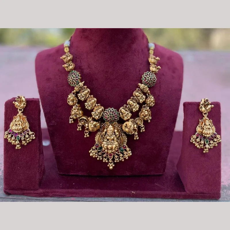 Opal Necklace for Women-FS Collection Gold Plated Pota Stone Temple And Pearls Necklace Set