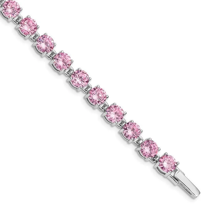 Modern Diamond Bracelets-Sterling Silver Rhodium Plated Pink CZ 7 inch Tennis Bracelet