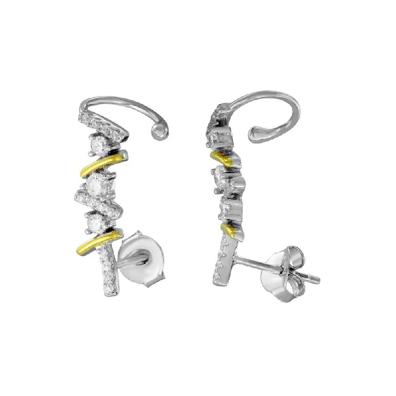 Unique Drop Earrings-Two-Tone 925 Sterling Silver Rhodium and Gold Plated CZ Climbing Earrings - BGE00550