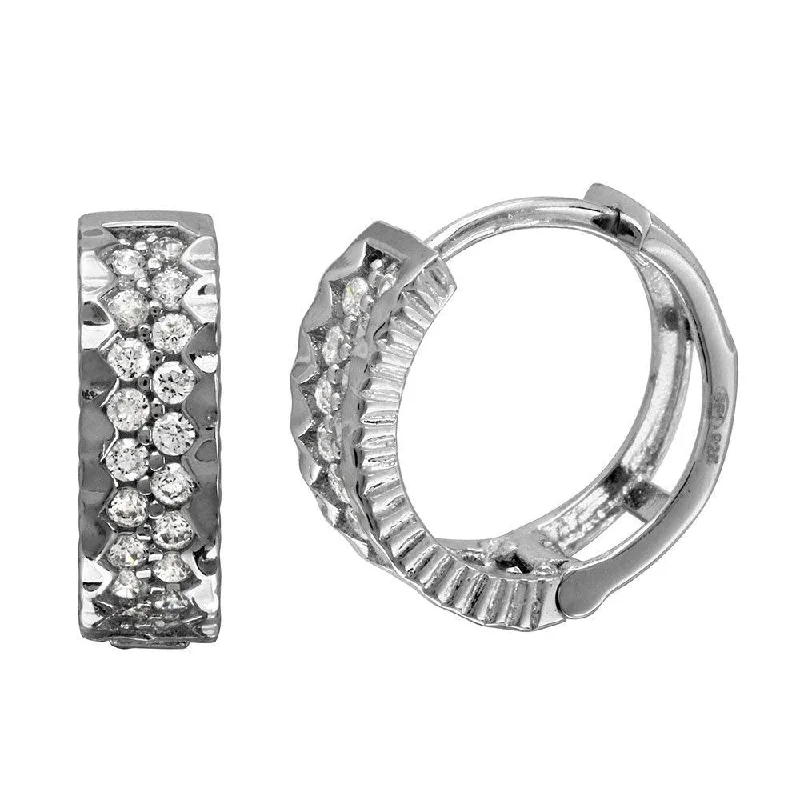 Delicate Hoop Earrings-Rhodium Plated 925 Sterling Silver 2 Row CZ Bordered huggie hoop Earrings - GME00084