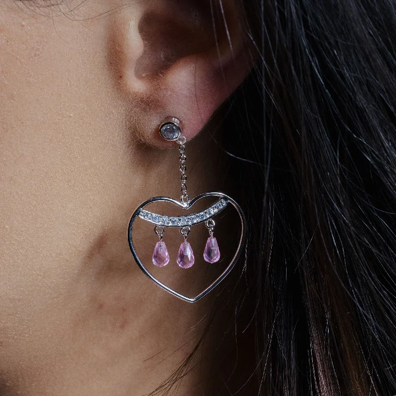 Custom Gold Earrings-Clearance - Silver 925 Rhodium Plated Open Heart Danging 3 Pink Crystals Earrings - STE00120