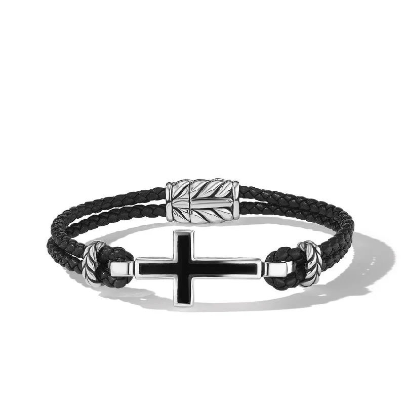 Unique Leather Bracelets-DY Gents Exotic Stone Cross Bracelet in Black Leather with Sterling Silver and Black Onyx, 3mm