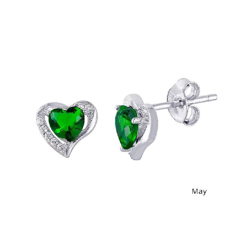 Oval Dangle Earrings-Rhodium Plated 925 Sterling Silver Heart with Birthstone Center Stud Earrings May - STE01028-MAY