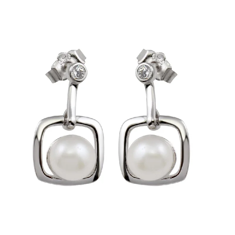 Stylish Earrings for Brides-Rhodium Plated 925 Sterling Silver Dangling Square Earrings with Synthetic Pearl and CZ - BGE00583