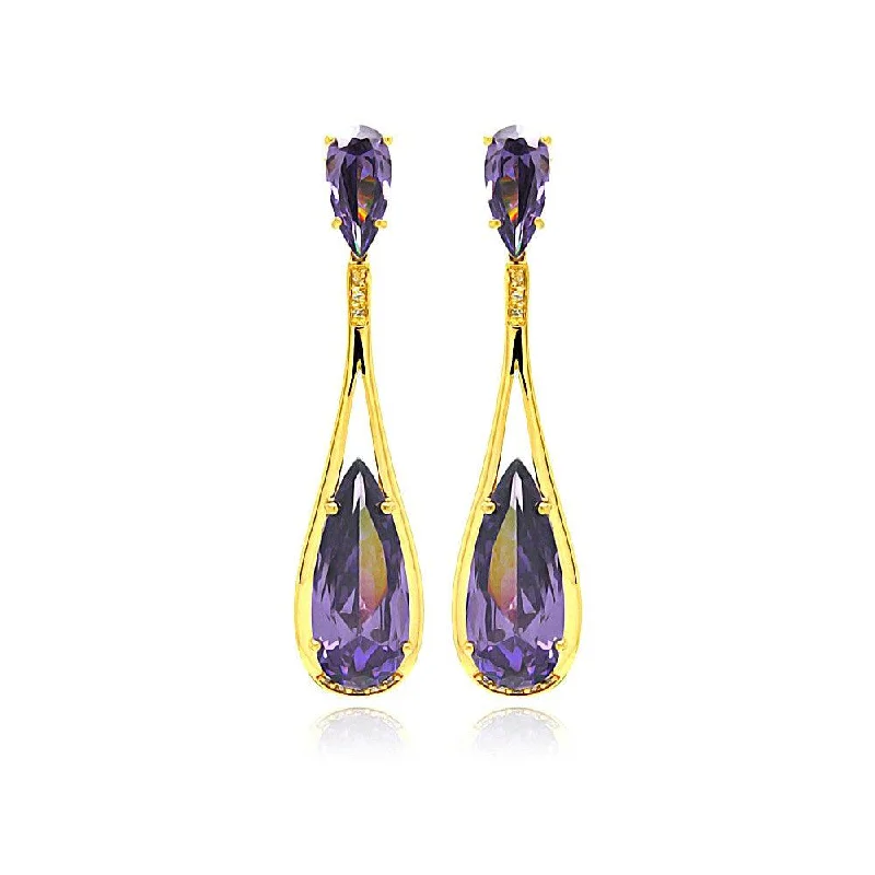 Statement Earrings-Silver 925 Rose Gold Rhodium Plated Purple Teardrop CZ Dangling Stud Earrings - BGE00282