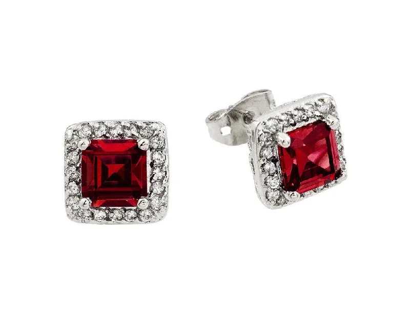 Elegant Crystal Earrings-Silver 925 Rhodium Plated Red Square CZ Stud Earrings - BGE00359R