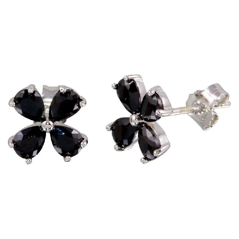 Bridal Earrings for Weddings-Rhodium Plated 925 Sterling Silver Black Flower CZ Earrings - STE01093