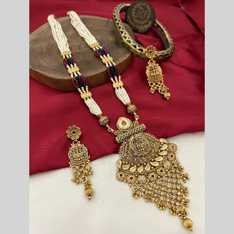 Custom Long Necklaces-FS Collection Gold Plated Pota Stone And Pearls Temple Long Necklace Set