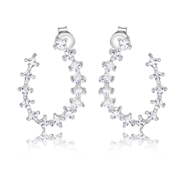 Tassel Earrings-Rhodium Plated 925 Sterling Silver Indented Semi Hoop Square Cut Clear CZ Stud Earrings - BGE00747