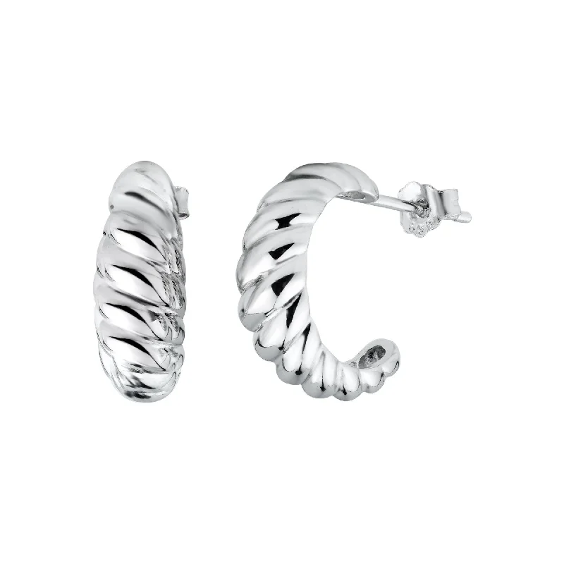 Dainty Silver Earrings-Rhodium Plated 925 Sterling Silver Semi Hoop Braid Design Earring - STE01328