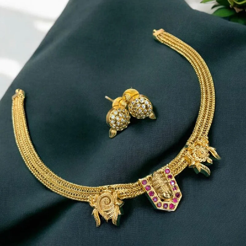 Designer Choker Necklaces-Sona Creation Gold Plated Pota Stone Temple Necklace Set