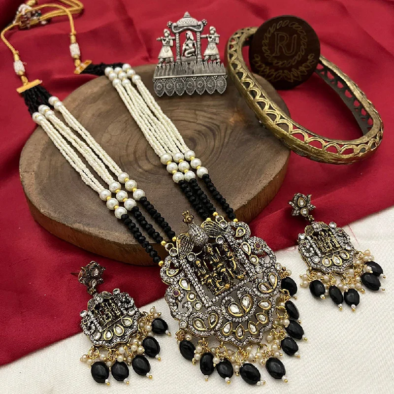 Handmade Gold Necklaces-FS Collection Gold Plated Polki Kundan Stone Temple Long Necklace Set