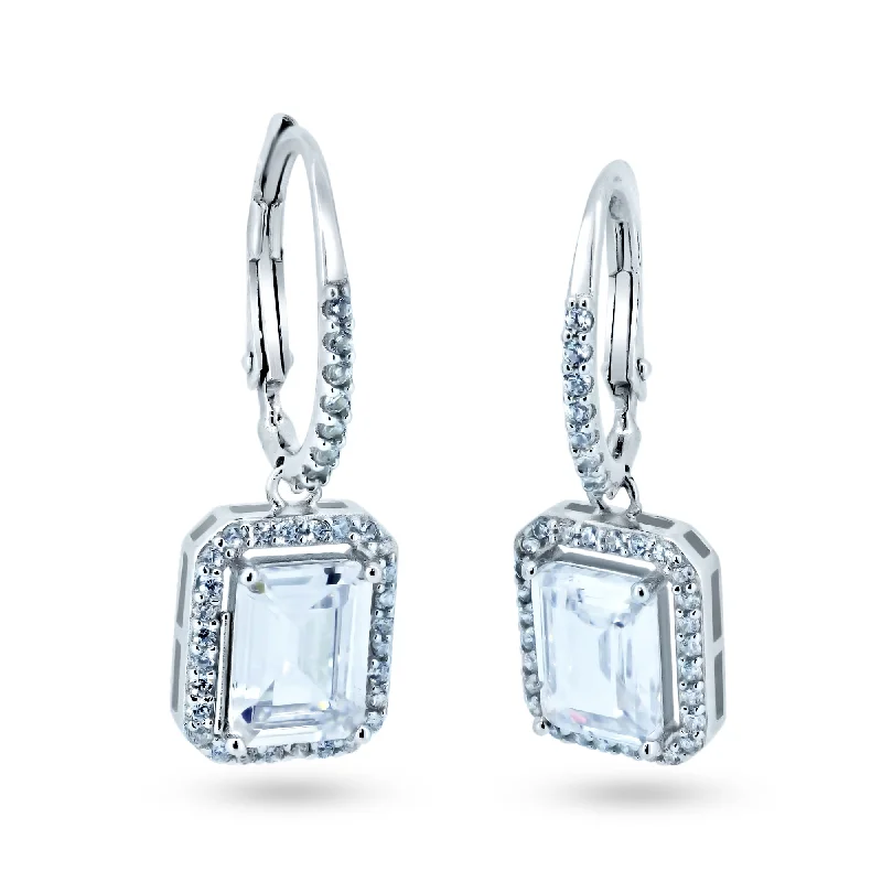 Custom Gemstone Earrings-Sterling Silver Rhodium Plated Dangling CZ Leverback Earrings - STE01367