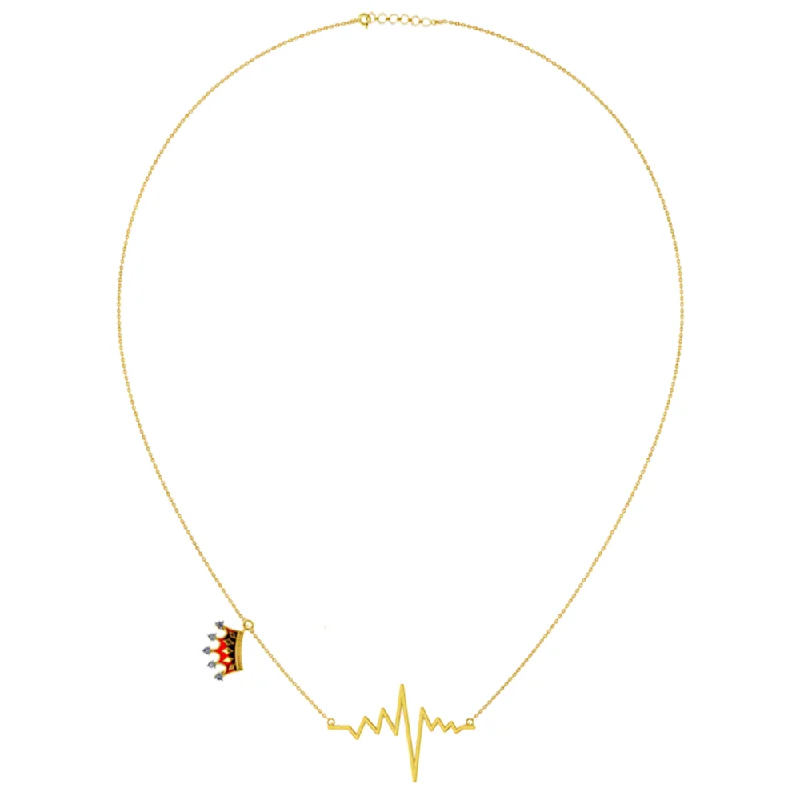 Stunning Gemstone Necklaces-18k Diamond Necklace With A Heartbeat Pendant And A Mini Crown On The Chain