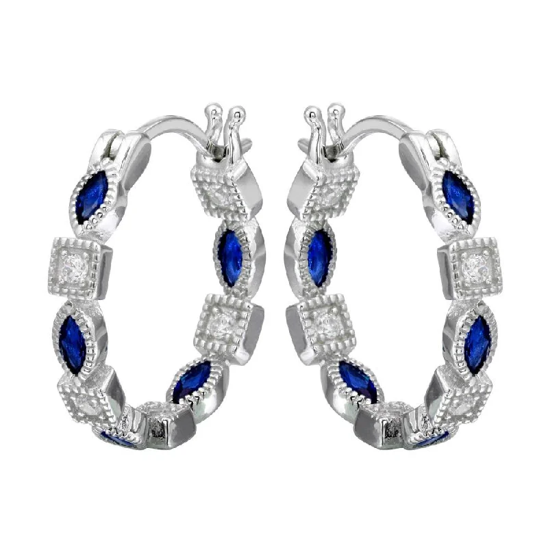 Elegant Drop Earrings-Rhodium Plated 925 Sterling Silver Inner and Outer Blue Clear CZ Hoop Earrings - STE01122BLU