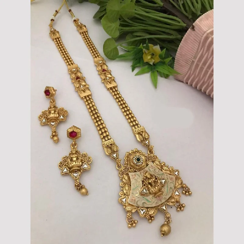 Colorful Crystal Necklaces-FS Collection Gold Plated Kundan Stone And Meenakari Temple Necklace Set