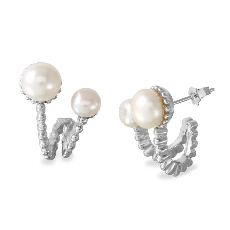 Bridal Earrings-Rhodium Plated 925 Sterling Silver 2 Folded Fresh Water Pearl Earrings - BGE00536