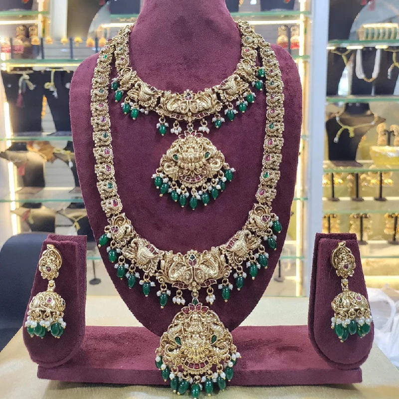 Unique Choker Necklaces-Manisha Jewellery Gold Plated Pota Stone And Bead Temple Double Necklace Set