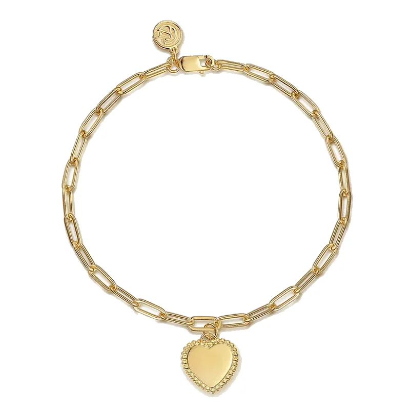 Personalized Wedding Bracelets-Gabriel 14K Yellow Plain Gold Paperclip Chain Bracelet with Personalized Bujukan Framed Heart Charm