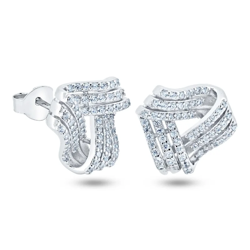 Oval Hoop Earrings-Rhodium Plated 925 Sterling Silver 3 Layer Knot CZ Stud Earrings - BGE00743