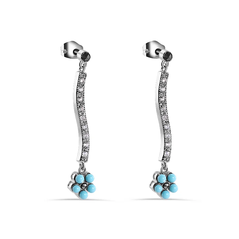 Cute Hoop Earrings-Rhodium Plated 925 Sterling Silver Turquoise Flower Dangling Clear CZ Stud Earrings - BGE00414