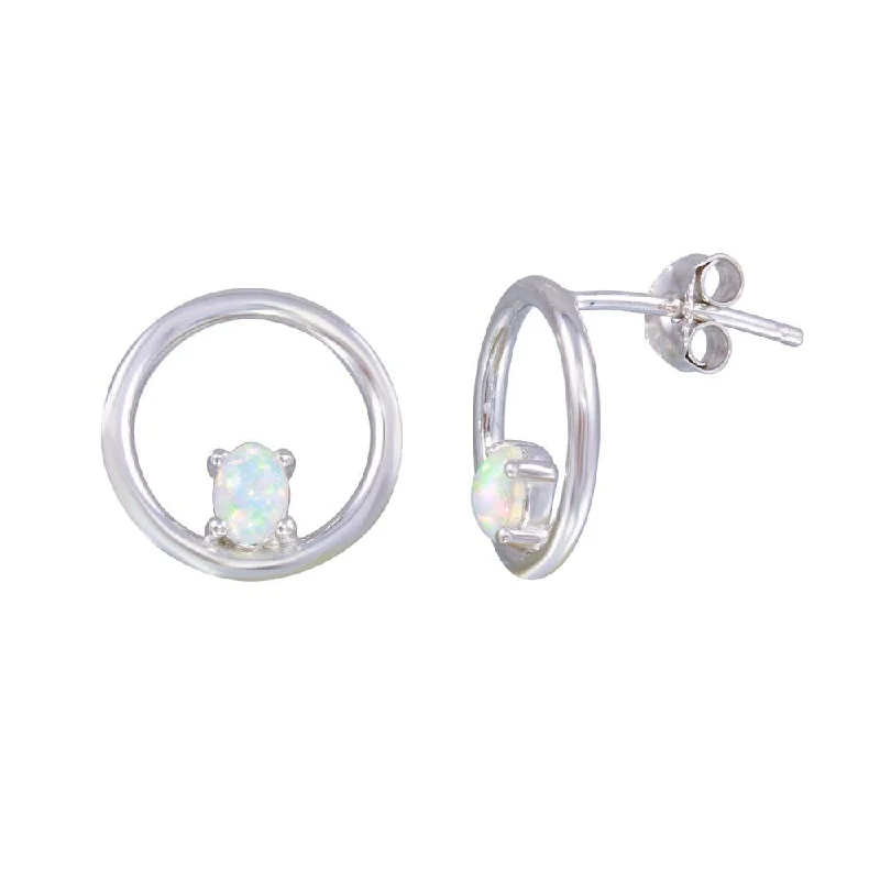 Stylish Drop Earrings-Rhodium Plated 925 Sterling Silver Open Circle Synthetic Opal Earrings - STE01186