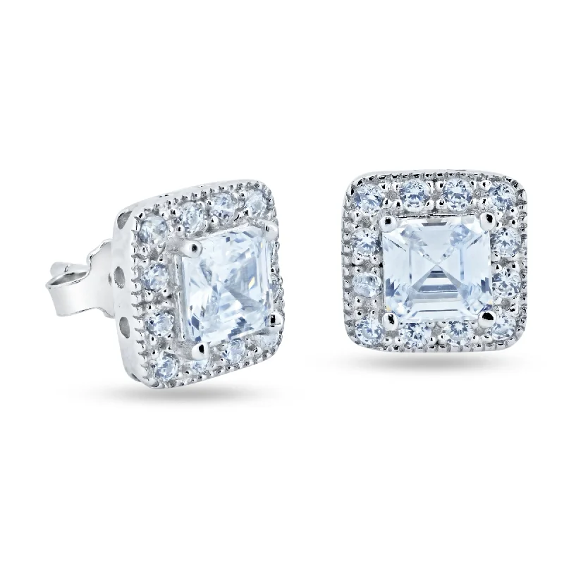 Glittery Silver Earrings-Silver 925 Rhodium Plated Square Cluster CZ Stud Earrings - STE00451