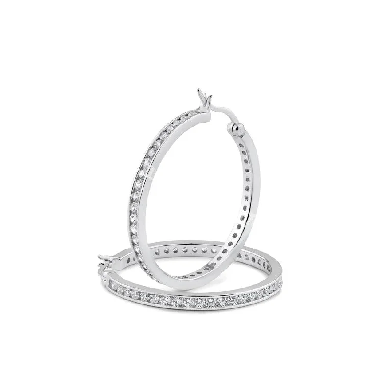 Sterling Silver Hoop Earrings-Rhodium Plated 925 Sterling Silver 2.8mm Round Clear CZ Hoop Earrings - AAE00002