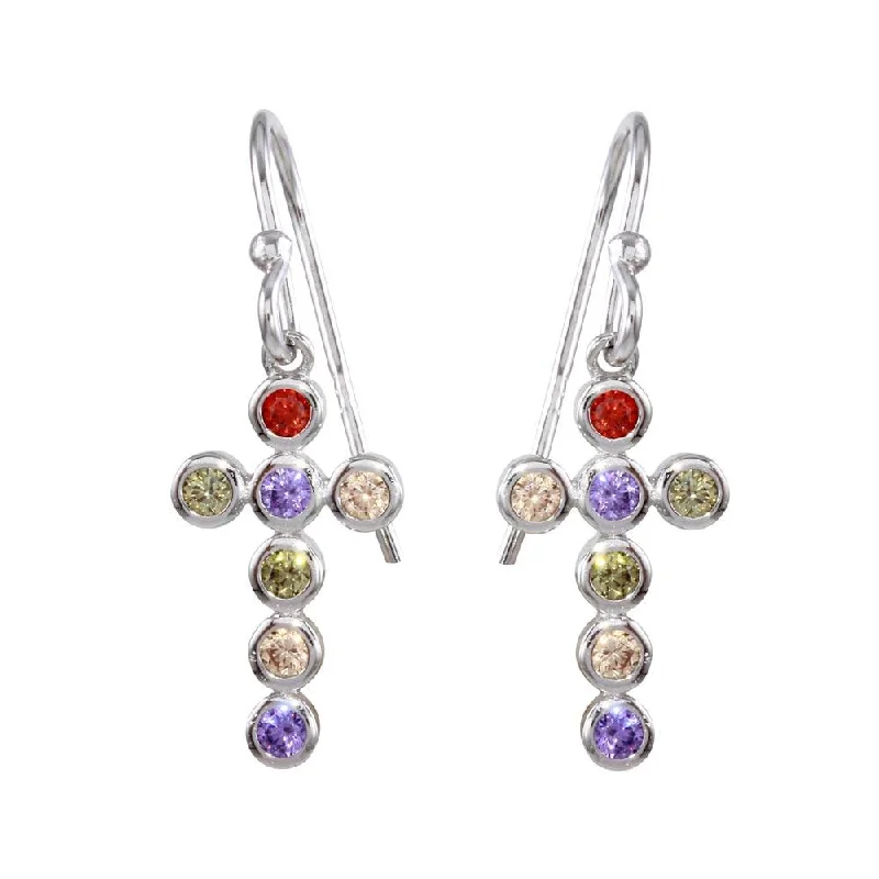 Unique Wedding Earrings-Rhodium Plated 925 Sterling Silver Multi-Colored CZ Cross Earrings - STE01137