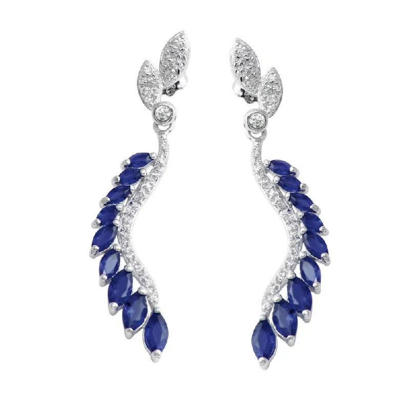 Round Drop Earrings-Rhodium Plated 925 Sterling Silver Dangling Feather Earrings with Blue CZ - BGE00604BLU